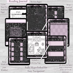 May include: A digital planner for book lovers with a black and white design. The planner includes pages for creating a bookshelf, tracking to-be-read books, a reading calendar, a book wishlist, and a book review section. The planner also includes a coloring page with a cat and a bookshelf.