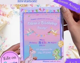 Pink Dinosaur Birthday Invitation Template | Editable Canva Template | Digital Download