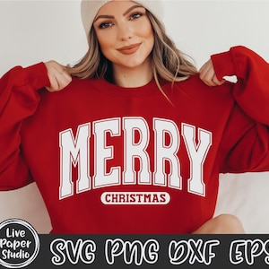 Merry Christmas SVG, Merry Christmas PNG, Christmas Sublimation Shirt SVG, Merry Varsity Png, Retro Christmas Svg, Digital Download Dxf File