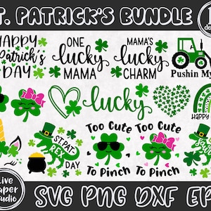 Kids St Patricks Day SVG Bundle, Lucky Dinosaur Svg, Shamrock SVG, Lucky Saurus SVG, Cute Clovers Svg, Digital Downlod Png, Dxf, Eps Files