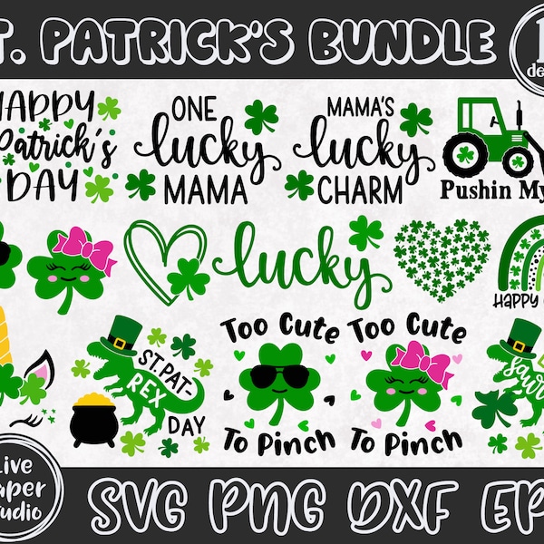 Kids St Patricks Day SVG Bundle, Lucky Dinosaur Svg, Shamrock SVG, Lucky Saurus SVG, Cute Clovers Svg, Digital Downlod Png, Dxf, Eps Files