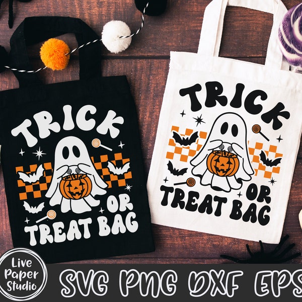 Trick or Treat Bag SVG, Kids Halloween Svg, Retro Ghost Png, Bag of Treats Png, Halloween Gift, Kids Halloween, Digital Download Dxf Files