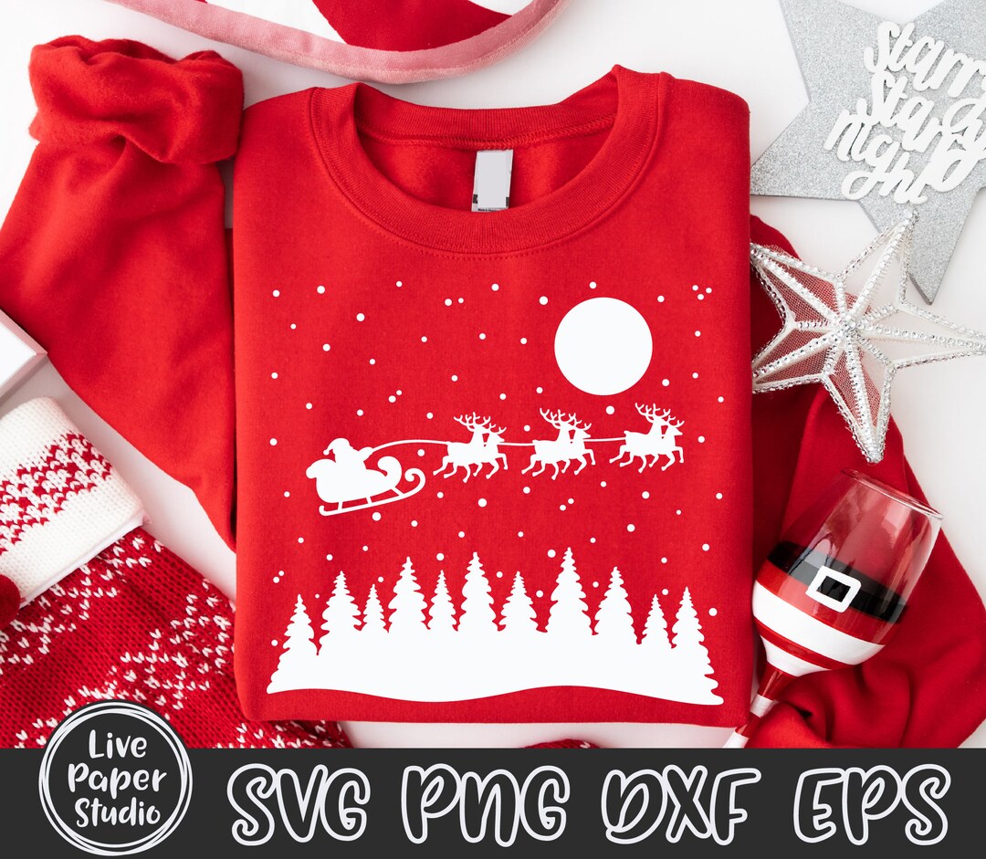 Santa Sleigh SVG, Christmas Night SVG, Reindeer Silhouette, Starry ...