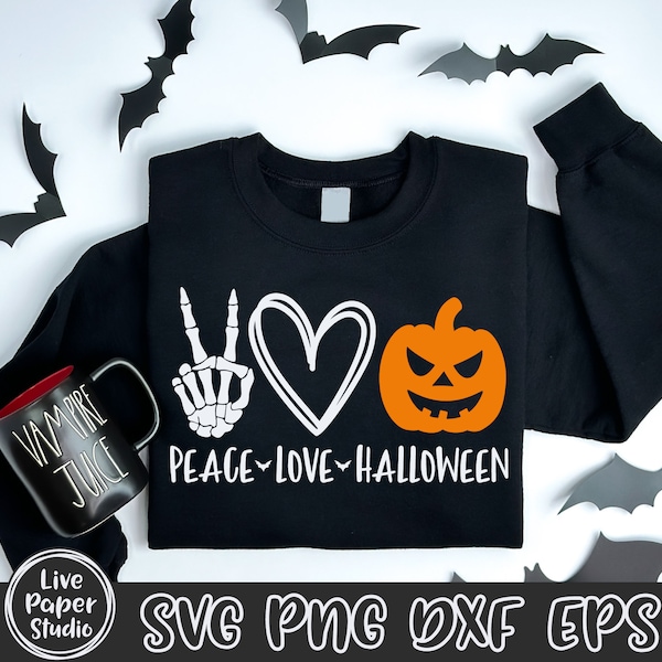 Peace Love Halloween SVG, Funny Halloween Shirt SVG, Pumpkin SVG, Skeleton Hand Svg, Jack O Lantern Svg, Digital Download Png, Dxf, Eps File