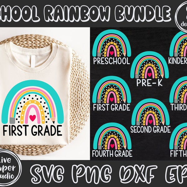 Back To School Regenbogen Bundle, Hallo Schule SVG, Kindergarten, 1. 2. 3. 4. 5. Klasse, Erster Schultag, Bleistift, digitaler Download