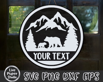Bear Door Hanger SVG, Family Bear Mountain Scene Svg, Bear Round Sign, Monogram Svg, Welcome Sign Svg, Digital Download Png, Dxf, Eps Files