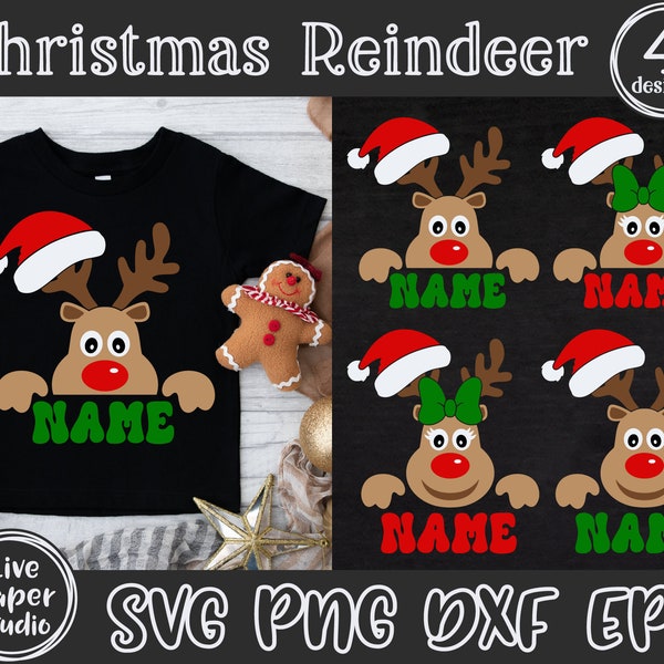 Reindeer with Santa Hat Svg, Peeping Reindeer SVG Bundle, Deer Antlers Svg, Kids Christmas Shirt Design, Digital Download Png, Dxf, Eps File