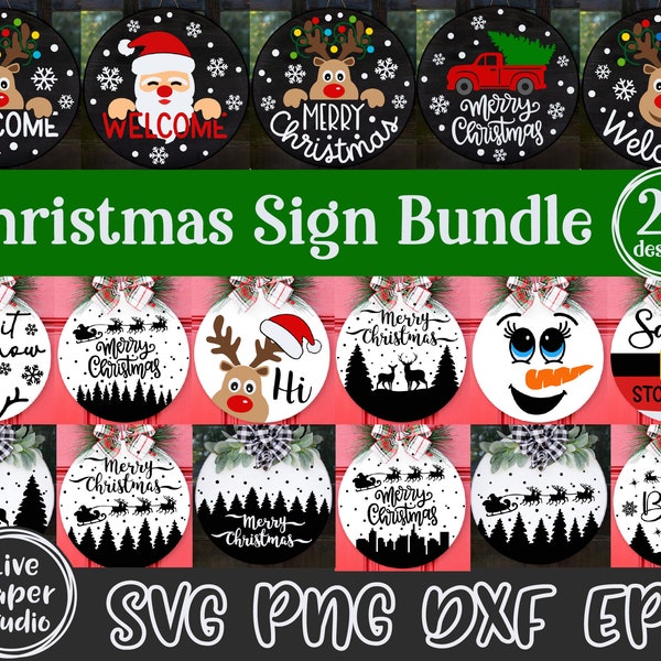 Panneau de porte de Noël SVG Bundle, Panneau de bienvenue de Noël SVG, Panneau rond de Noël, Renne, Père Noël, Téléchargement numérique SVG, Png, Dxf, Fichiers Eps