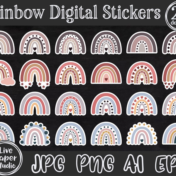 Rainbow Digital Stickers, Boho Rainbow PNG Sticker Pack, Rainbow Baby Stickers Bundle, Pastel Rainbow, Digital Download Jpg, Ai, Eps Files