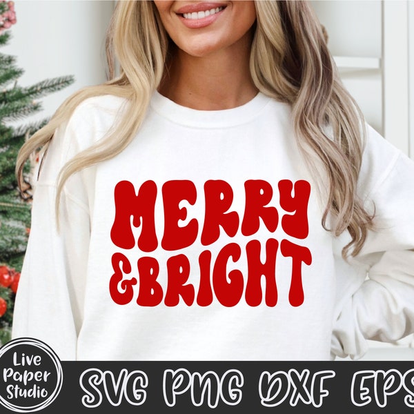 Merry & Bright SVG, Merry Christmas Svg, Merry and Bright Png, Wavy Letters Svg, Holiday Svg, Christmas Shirt Svg, Digital Download Dxf File