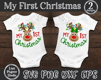 My First Christmas SVG, Baby’s first Christmas Svg, Christmas Lights on Deer Antlers, Kids Christmas, Digital Download Png, Dxf, Eps Files