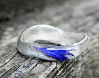 Сornflower oak ring, Women dreamy ring, Magic forest ring, Wood wedding ring, Light wooden ring, Engagement womenv ring, Flower resin ring