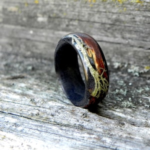 Wood men ring, bentwood forest ring, Unique moss resin ring, Mens wooden gift, Nature wood wedding rings, Wood lichen ring, Winter forest