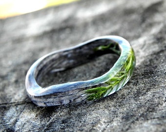 Wood juniper ring, Women wooden ring, Juniper resin ring, Forest wood ring, Women thin wood ring, Silver wood ring, Spring womens ring.