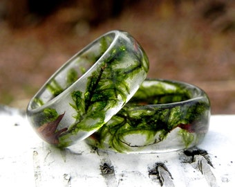 Forest bark ring, Spring wood ring, Moss women ring, Stack moss ring, Moss resin ring, Wood engagement ring, Moss jewelry, Forest gift