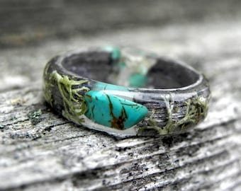 Turquoise houten ring, mossteen harsring, bos trouwringen, vrouwen natuurring, heren stenen ring, unieke verlovingsring, bos