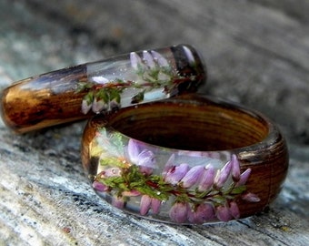 Nature heather flower ring,  dark wood resin band