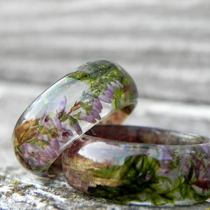 Flower wood wedding rings, Heather moss bark ring, Engagement nature ring, Women wood ring, FOREST wooden ring, Resin bentwood ring, Forest
