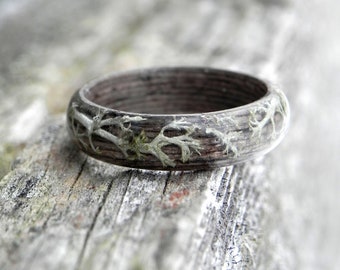 Lichen wooden winter ring, Wood forest ring, Nature moss wedding rings, Women moss wedding ring, Bentwood men wood ring, Wooden gift, Forest