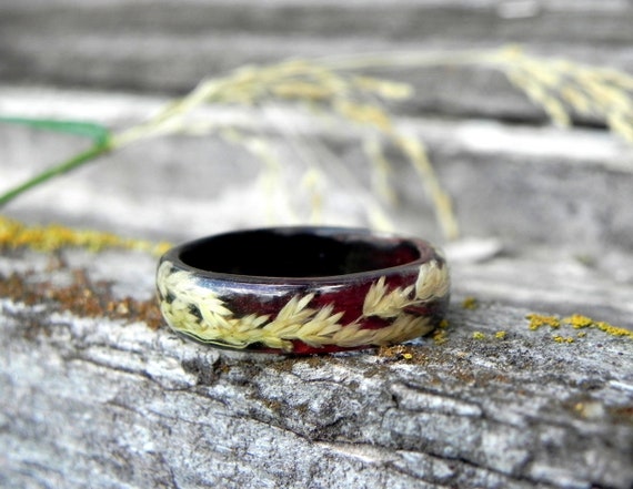 Wood Plant Ring, Nature Wooden Ring, Tiny Bentwood Ring, Resin