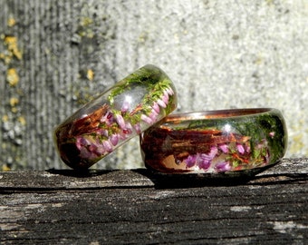 Flower Wood Wedding Rings, Heather Moss Bark Ring