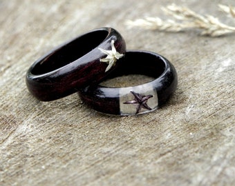 Flower Wood Ring, Black Wood Men Ring, Women Wedding Ring, Wooden Wedding Nature Rings, Dark Bentwood Women Engagement Ring, Tiny Star Rings
