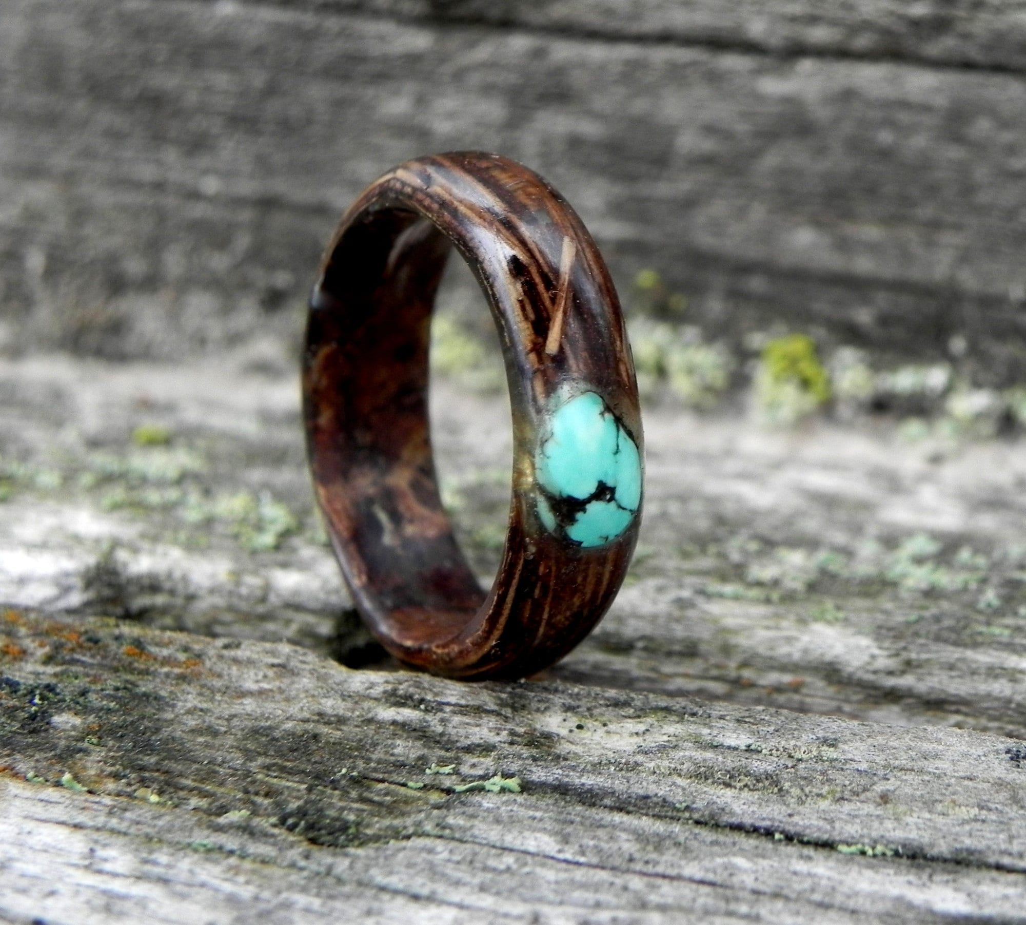Turquoise Wood Ring, Blue Stone Resin Ring, Forest Wedding Rings