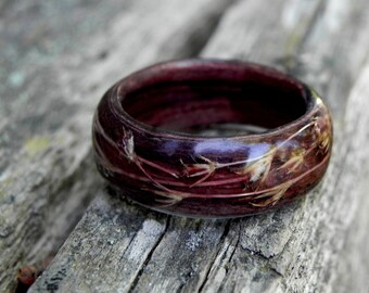 Men Plant Wedding Ring, Wood Grass Resin Ring, Women Nature Unique Rings, Dark Bentwood Ring, Celtic Engagement Wooden Rings, Wood Jewelry