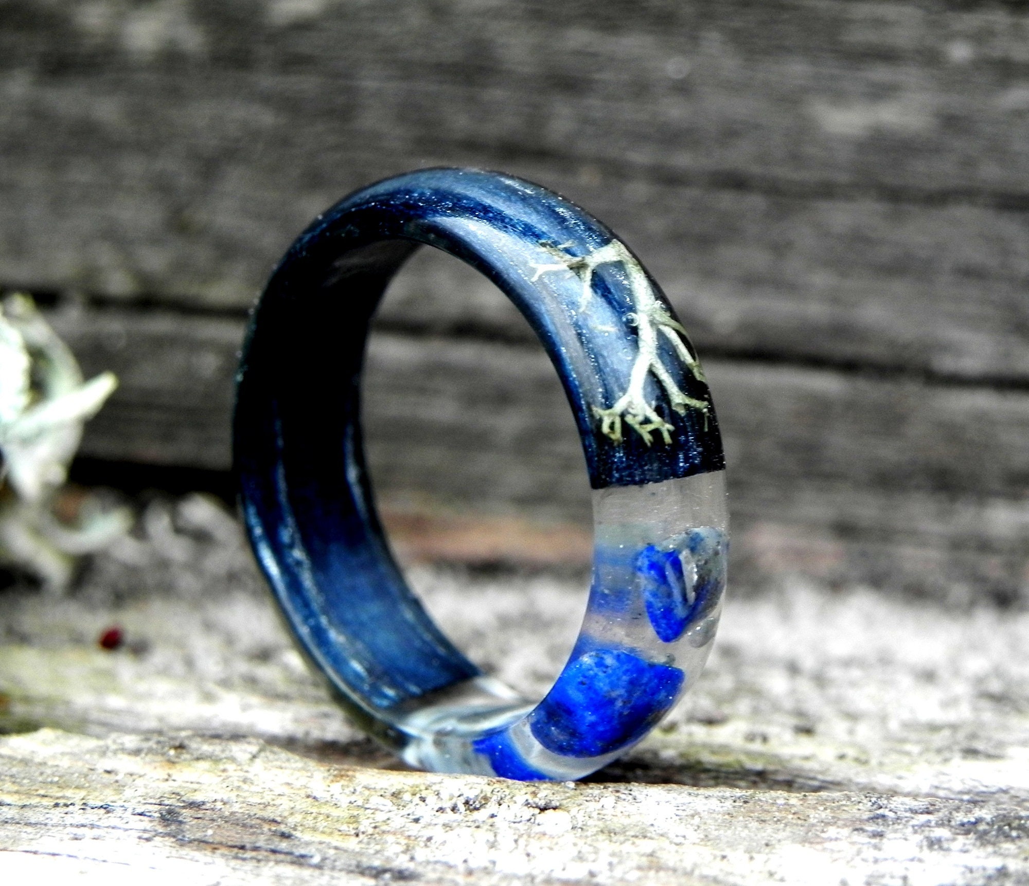 Bentwood Kingwood Wood Wedding Rings, Blue Lapis, Silver Blue Glass -  Bentwood Jewelry Designs - Custom Handcrafted Bentwood Wood Rings
