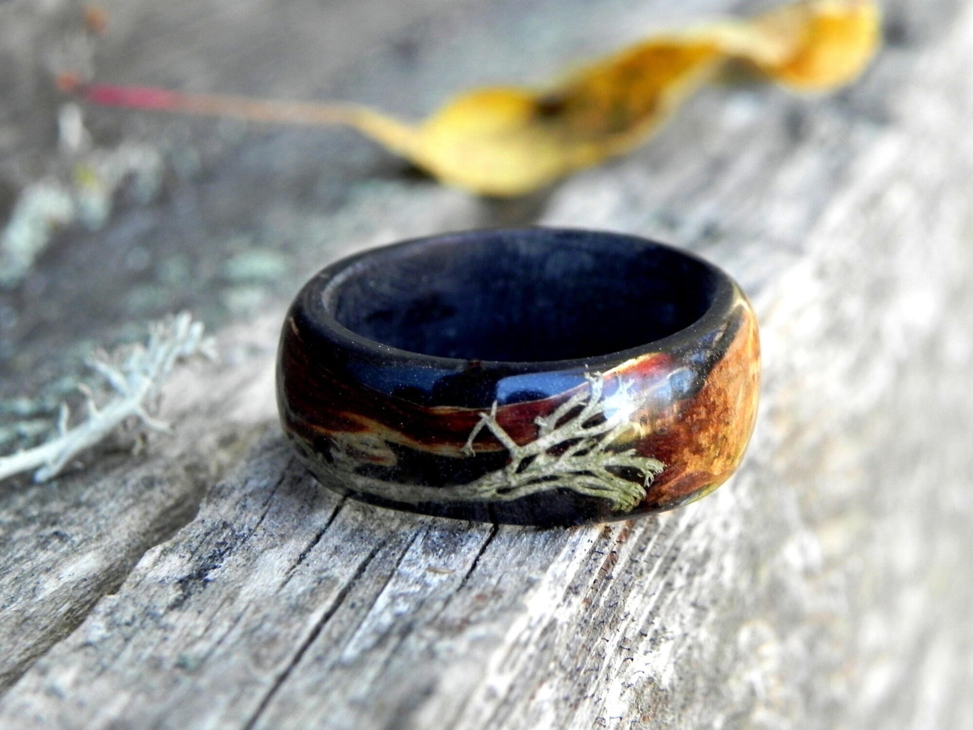 Wood men ring bentwood forest ring Unique moss resin ring Etsy