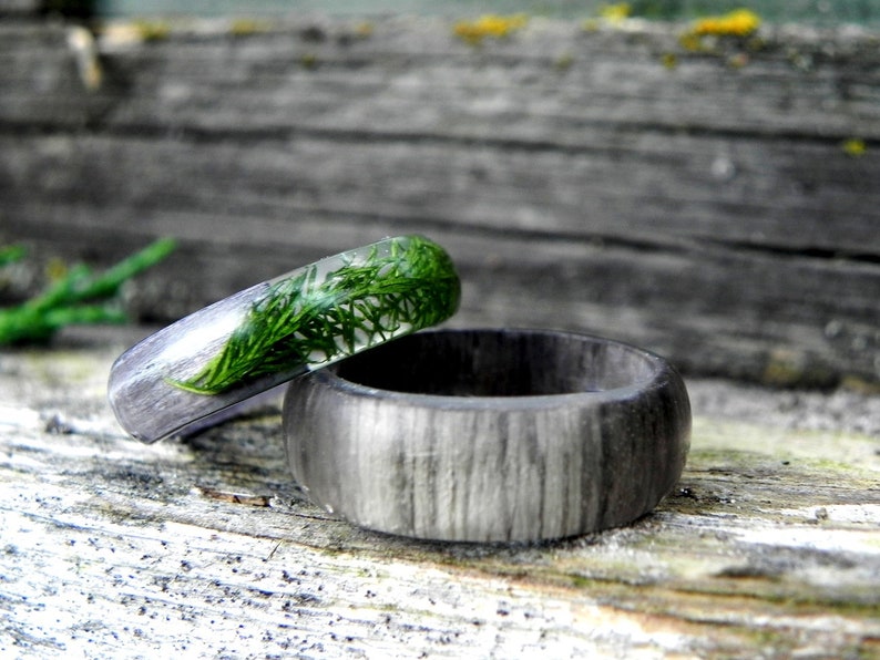 Mens Forest Ring Moss Wood Resin Ring Bentwood Gray Ring Etsy