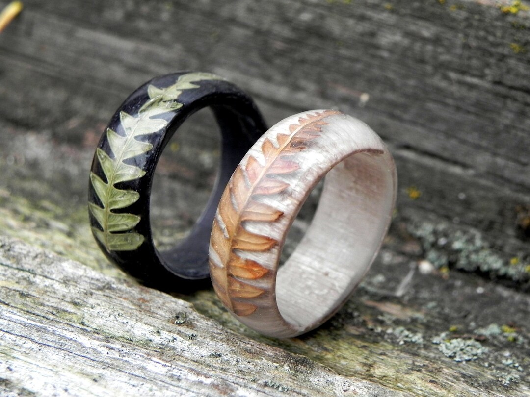 Wedding Forest Rings, Fern Wood Ring, Minimalist Wooden Ring, RESIN Plant Ring, Bentwood Oak