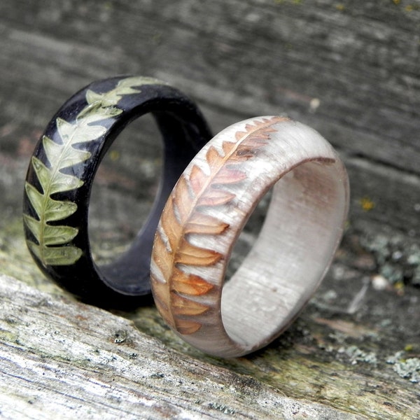 Wedding forest rings, Fern wood ring, Minimalist wooden ring, RESIN plant ring, Bentwood oak ring, Men wood jewelry, Women wood gift, FOREST