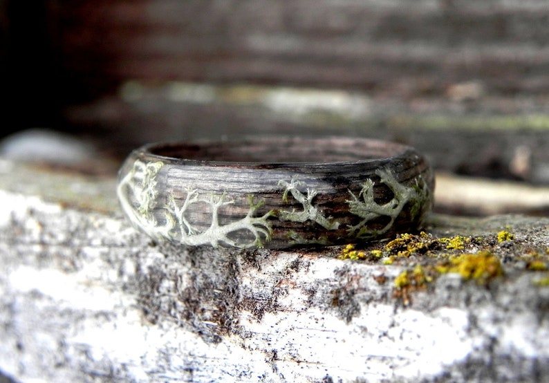 Lichen wooden winter ring, Wood forest ring, Nature moss wedding rings, Women moss wedding ring, Bentwood men wood ring, Wooden gift, Forest image 2
