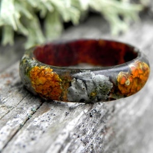 Forest birch ring, Moss wood ring, Wooden lichen ring, stackable wood ring, Anniversary nature ring, Moss resin ring, Wedding wood rings