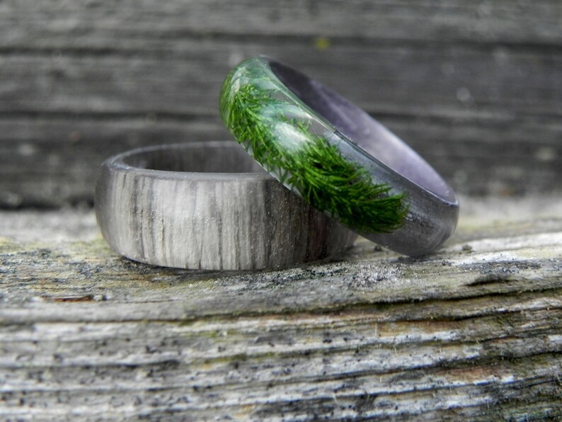 Mens Forest Ring Moss Wood Resin Ring Bentwood Gray Ring Etsy