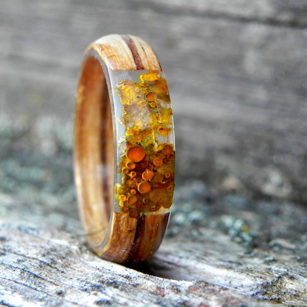 Orange moss ring, Spring wooden ring, Terrarium wood ring, Nature women ring, Beauty forest ring, Resin wood ring, Wod wedding rinngs,Forest
