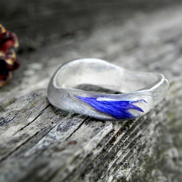 Сornflower oak ring, Women dreamy ring, Magic forest ring, Wood wedding ring, Light wooden ring, Engagement womenv ring, Flower resin ring