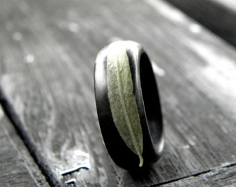 Olive leaf ring, Black wood ring, Women wedding ring, Men Olive wood ring, Dark wedding rings, Nature minimalist plant ring, Forest ring