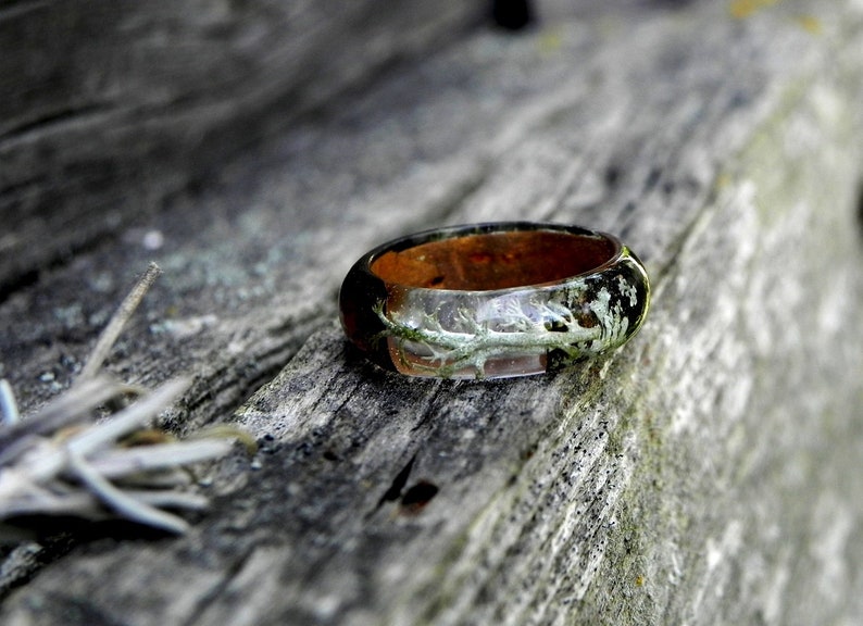 Wood moss ring, Moss resin ring, Lichen wooden ring, Forest ring, Nature wedding ring, Men wood ring, Wooden ring women, Wedding ring men image 3