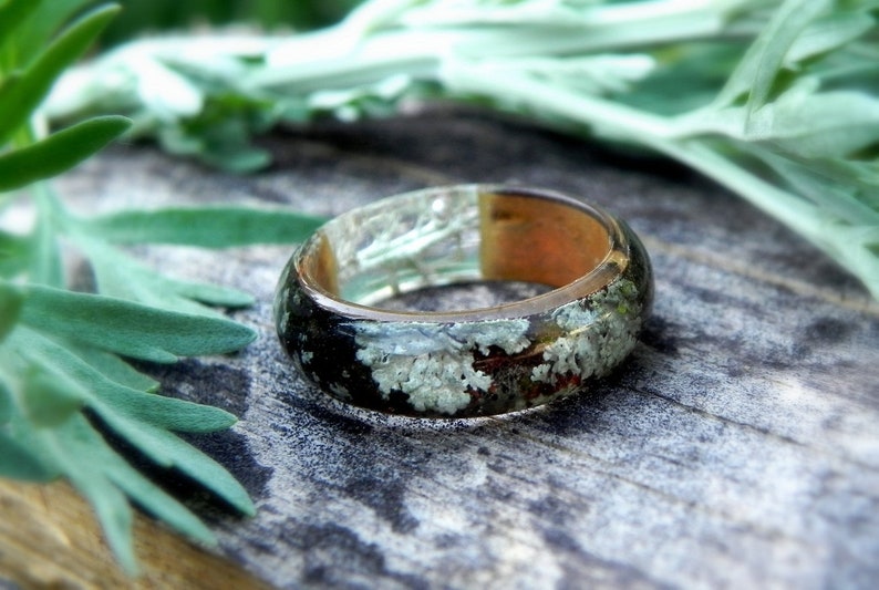 Wood moss ring, Moss resin ring, Lichen wooden ring, Forest ring, Nature wedding ring, Men wood ring, Wooden ring women, Wedding ring men image 1