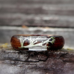 Wooden resin moss ring, nature wood mens ring, bentwood oak ring, nature terrarium moss jewelry, clear resin, wood anniversary, woodland