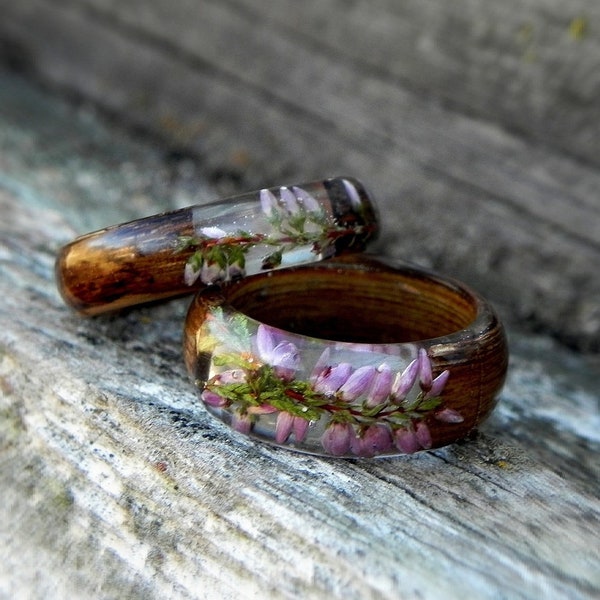 Nature heather flower ring, wood resin ring, wooden flower ring for mom, wood resin jewelry, Delicate ring,  Eco Friendly Forest Jewelry
