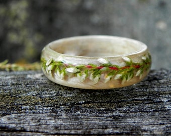 Wood nature wedding rings, Engagement flower ring, Light women wooden ring, Heather resin wood ring, Bentwood women ring, Wooden gift, Wood