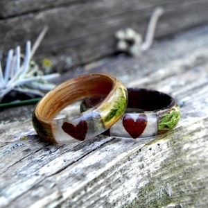 Wedding wood ring , Nature wedding ring, Fern wood ring, Heart wooden ring, Resin wood ring, Men wedding ring, Women wedding ring,Wood ring