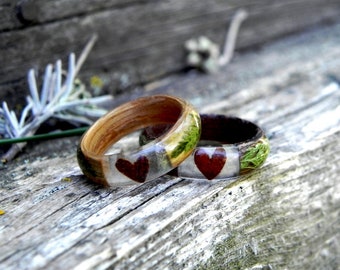 Wedding wood ring , Nature wedding ring, Fern wood ring, Heart wooden ring, Resin wood ring, Men wedding ring, Women wedding ring,Wood ring