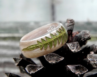 Autumn wooden ring, Fern resin ring, Minimalist wooden ring, Fern oak ring, Wedding wood rings, Men Women Forest ring, Wooden jewelry, Wood
