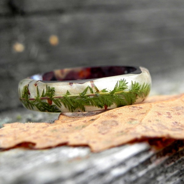 Winter birch ring, Birch bark forest ring, Forest plant wooden ring, Resin wood ring, Unique birch ring, Nature wedding rings, Women ring