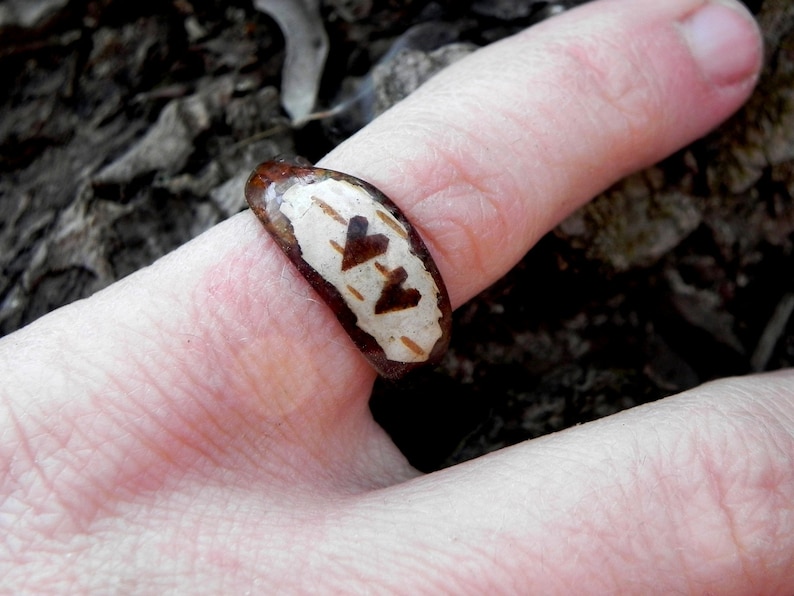 May include: A brown ring with a white band and two hearts carved into it. The ring is worn on a finger.