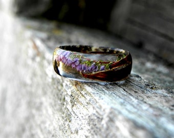 Real heather flower ring, Wood nature ring, Terrarium heather flower jewelry, Mens wooden ring, boyfriend gift, Wood wedding ring, Mens gift